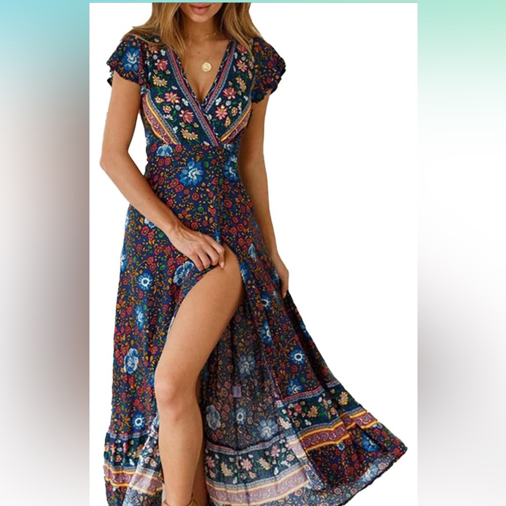 Pretty Garden Small Floral Print Multicolor Wrap Maxi Dress New with tags Amazon